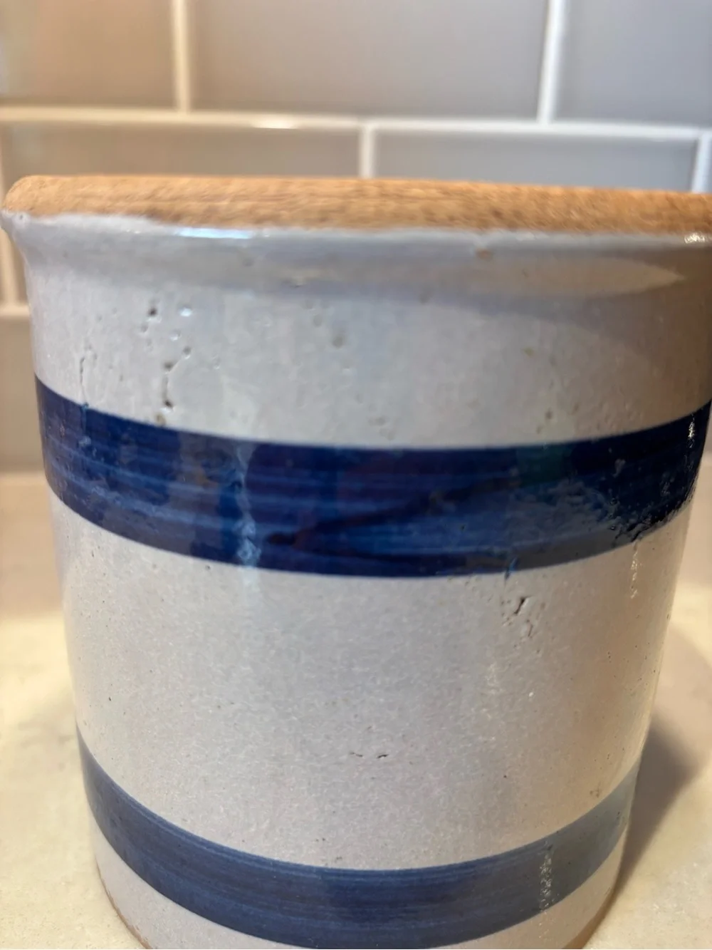 Vintage Stoneware Crock Canister Utensil Holder Cottage Kitchen Pottery